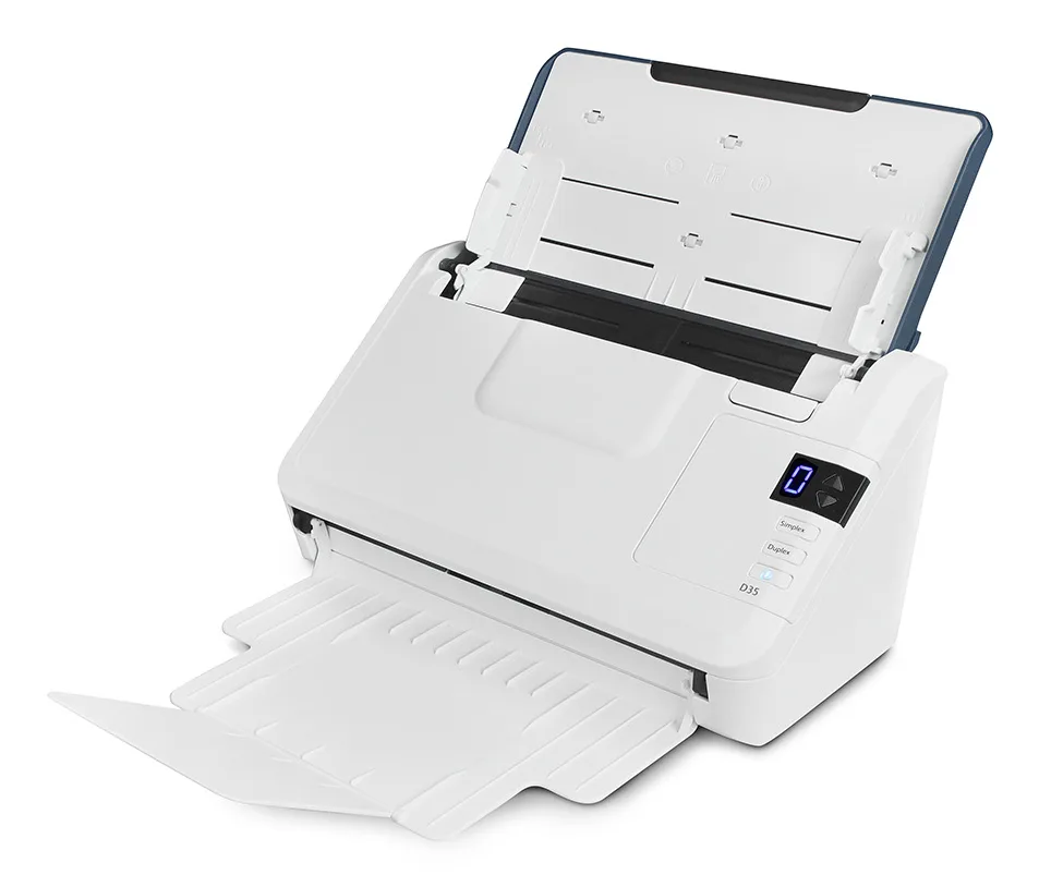 Xerox® Documate D35 - Velocidad 45 ppm / 90 ipm B/N grises; 35 ppm / 70 ipm en color, bandeja ADF de 50 hojas. Ciclo de trabajo diario 8000 hojas
