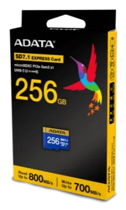MicroSDXC ADATA 256GB SD7.1 Express UHS-I U3 V30 - Clase 10 (A2), PCIe Gen3 x1, Velocidades de lectura y escritura de hasta 800/700 MB/s