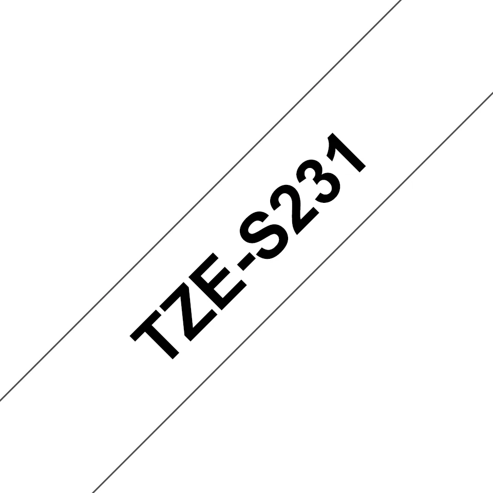 Etiqueta blanca continua laminada con adhesivo super resistente Brother TZES231 - de 12 mm de ancho x 8 mts de largo. Impresión en negro