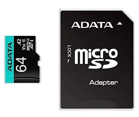 Micro Secure Digital Premier A2 ADATA UHS-I 64GB - 64 GB, Negro, UHS-I Class 10 AUSDX64GUI3V30SA2-RA1
