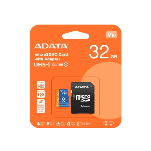 Micro SD ADATA PREMIER (A1 V10) - 32 GB, 100 MB/s, 25 MB/s, Negro, Clase 10 AUSDH32GUICL10A1-RA1