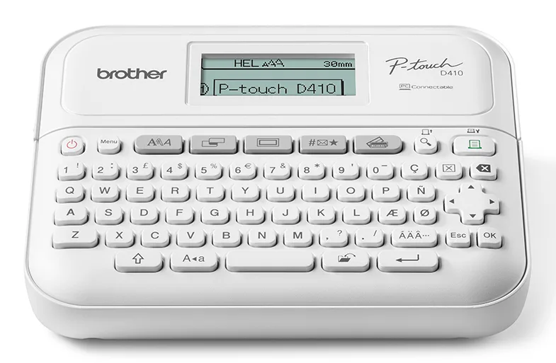 Rotulador Brother P-touch PTD410 - transferencia térmica, USB, teclado qwerty, adaptador AC, imprime etiquetas laminadas de hasta 18 mm de ancho 20