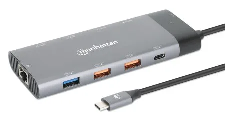 Accesorio Hub USB MANHATTAN , 130714 ,10 Ptos, 2XHDMI, 5XUSB-A, USB-C, USB-C Pd, RJ45, Tarjeta SD-Microsd