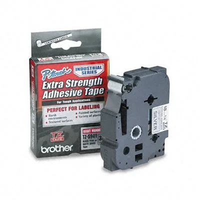 Etiqueta plata continua laminada con adhesivo super resistente Brother TZES941 - de 18 mm de ancho x 8 mts de largo. Impresión en negro Transferencia