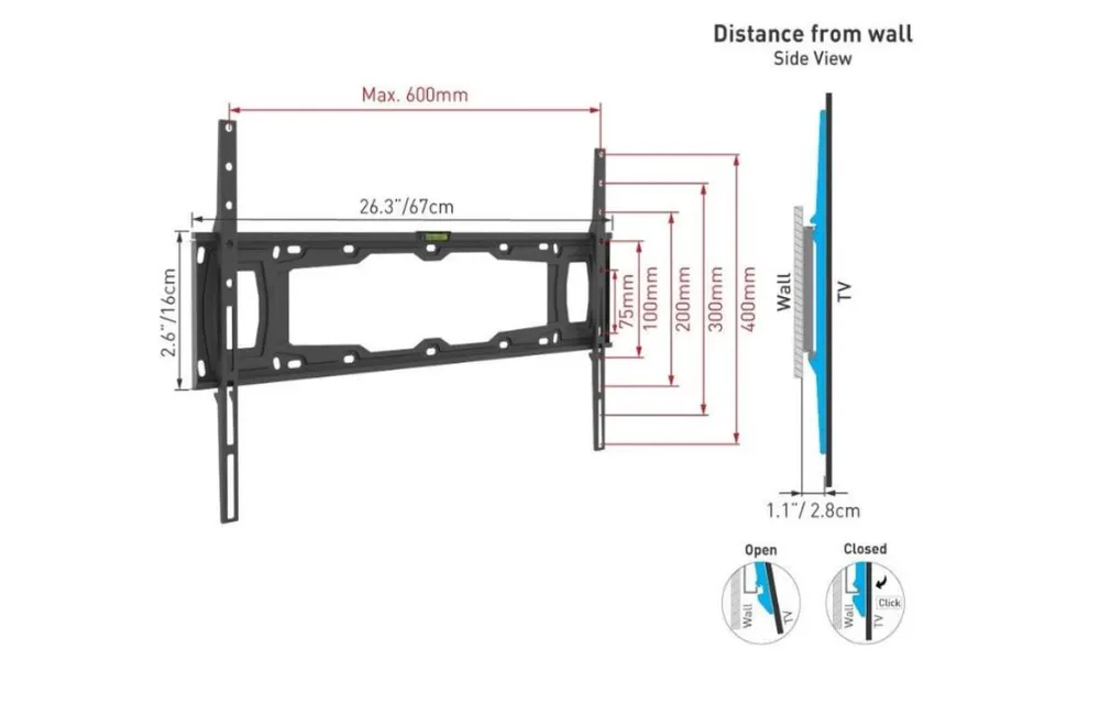 Soporte de Pared Barkan E400+ para Pantalla Fijo/Curvo/Plano 32 - 90 - hasta 60Kg, Negro 60 kg
