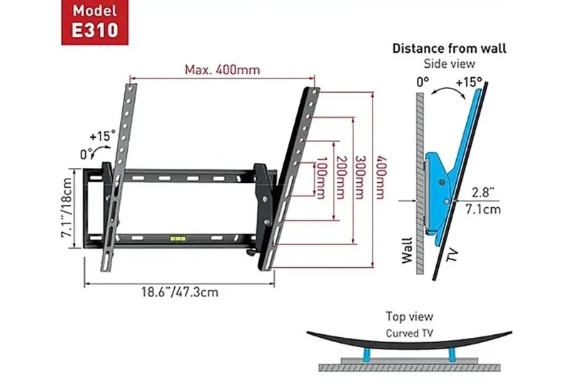 Soporte de Pared Barkan E310+ para Pantalla Curvo/Plano 19 - 65 - hasta 50Kg, Negro 50 kg