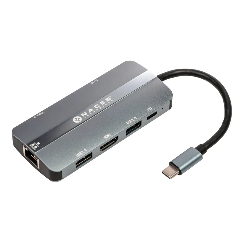 Naceb Adaptador Usb-c 8 en 1 RJ45+HDMI+3*USB3.0+PD100W+SD/TF NA-0129 Naceb Technology Plata