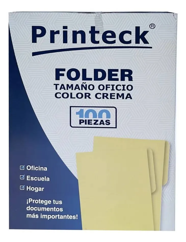 Folder Printeck Oficio color crema C/100 8-041-1 Dimensiones 24.2 cm de largo y 36.2 cm de ancho 4.5 de lomo capacidad de 50 hojas Nextep