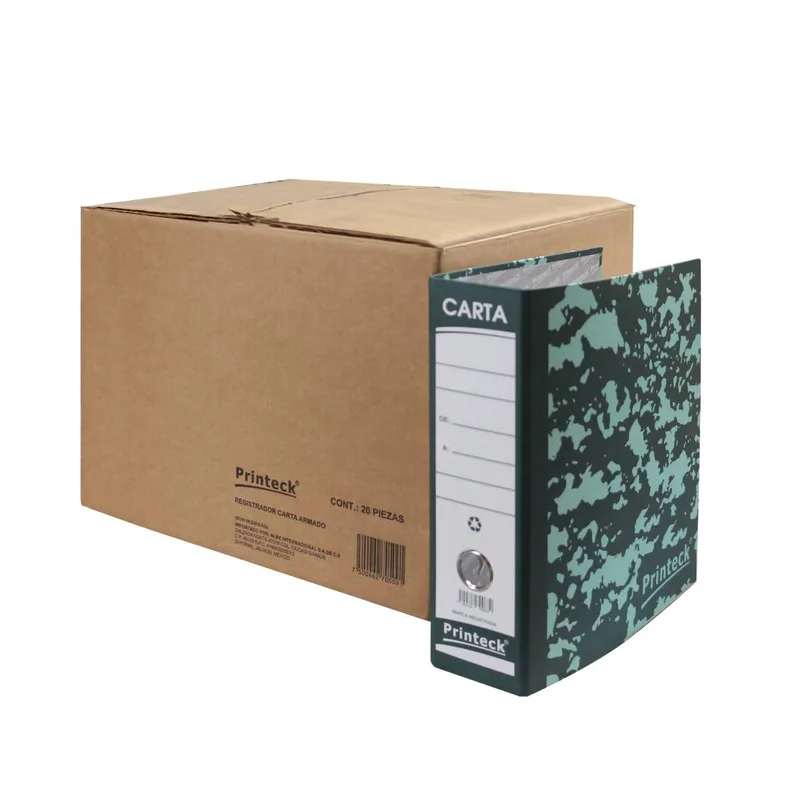 Registrador Carta Printeck verde pieza 24-001A-1 material Cartón medidas 27.5 x30 cm extendido 63x30 2 arillos capacidad 700 hojas Nextep