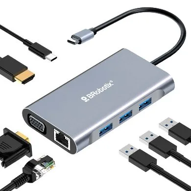 Docking Station USB C - 7 EN 1, HDMI/RJ45 RJ45 10/100 A/USB C/VGA. BROBOTIX 60001202 10,100,1000 Mbit/s 6001202
