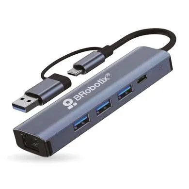 Docking 5 en 2: Conector Dual Usb a Y Tipo C a 3 Puertos Usb V3.0 - 1 Puerto Usb Tipo C Y RJ45 Gigabit, Brobotix 406603 10,100,1000 Mbit/s
