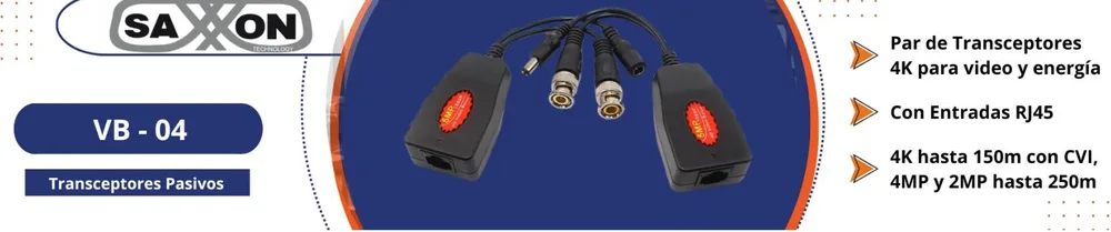 SAXXON VB-04 - Par de transceptores 4K para video y energía - con entradas RJ45, 4K hasta 150m con CVI, 4MP y 2MP hasta 250m RJ-45 VB-04