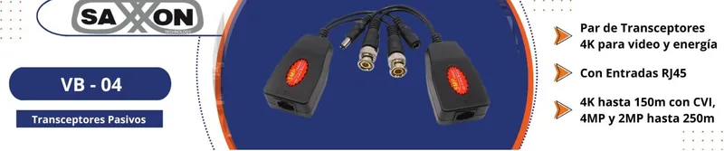 SAXXON VB-04 - Par de transceptores 4K para video y energía - con entradas RJ45, 4K hasta 150m con CVI, 4MP y 2MP hasta 250m RJ-45 VB-04