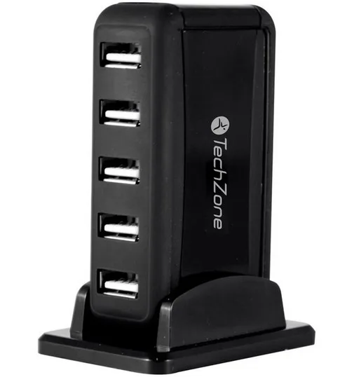 Hub TechZone - 7 puertos USB 2.0, color negro con fuente de poder para el incremento de tasa de transferencia, 1 año de garantía TZ17HUB01