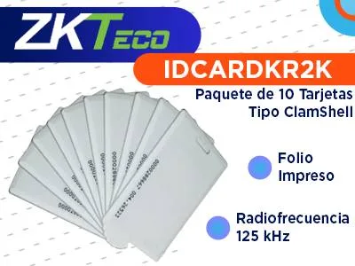 ZKTECO IDCARDKR2K - Paquete con 10 Tarjetas ID con Frecuencia de 125 kHz - Tipo Clamshell (Perforada y Grosor de 1.88 mm) con Folio Impreso ZK TECO