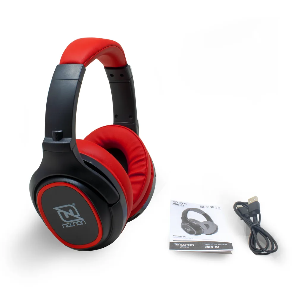 Audifonos Over-ear Bluetooth NBH-02 Simulacion Cancelacion de Ruido 3.5MM Radio FM Micro SD 3.5MML Manos Libres Type C Rojo NECNON NBAB0202TC