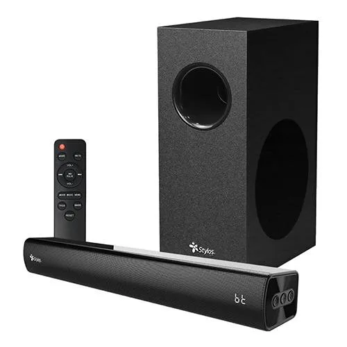 Barra de Sonido 2.1 Stylos STAB210B - conectividad múltiple Bluetooth, HDMI ARC, USB, Entrada AUX 3.5 mm Negro