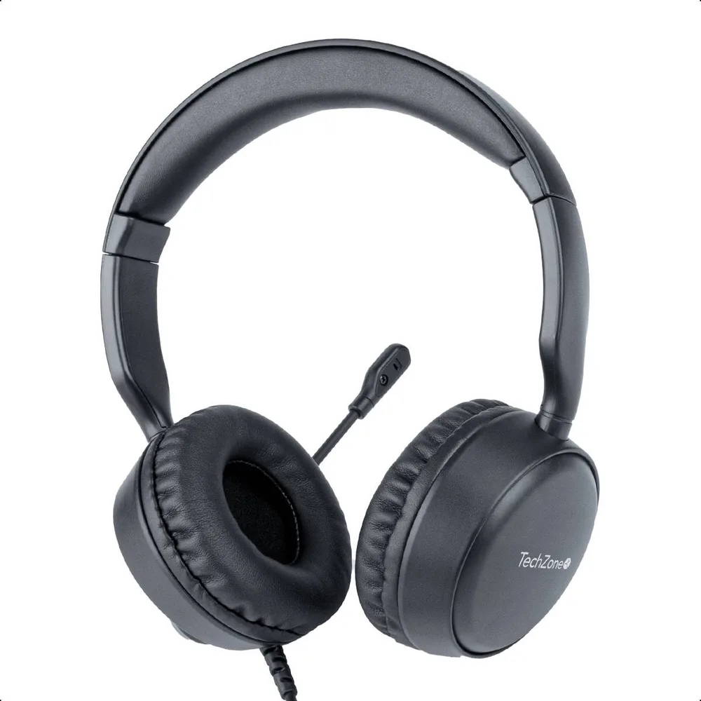 Diadema alámbrica con micrófono TZACDII02 TechZone - color negro, conexión USB-A, banda para cabeza acojinada, Impedancia de micrófono de 2200 W