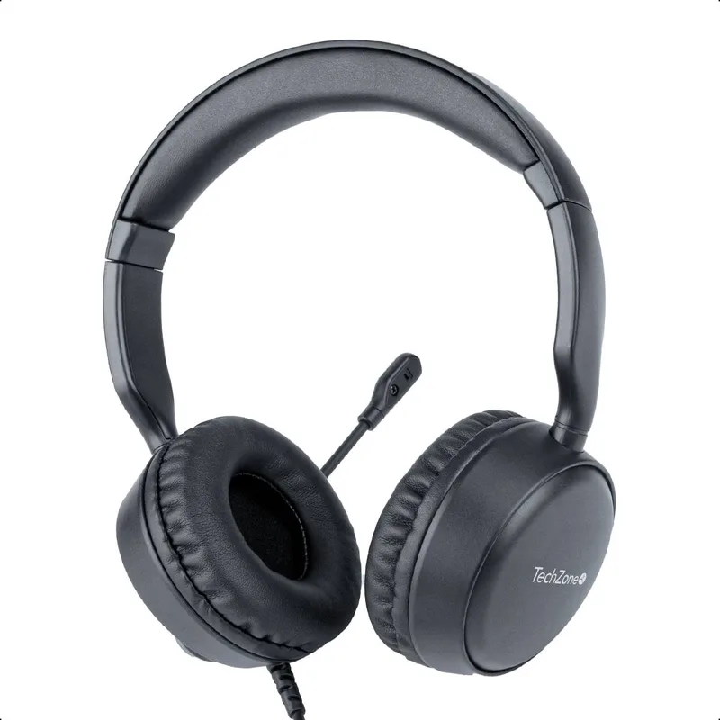Diadema alámbrica con micrófono TZACDII02 TechZone - color negro, conexión USB-A, banda para cabeza acojinada, Impedancia de micrófono de 2200 W