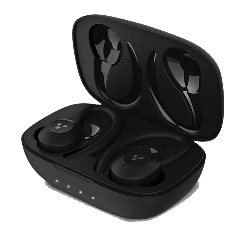 Audífonos. Vorago ESB-500-PLUS. TWS Bluetooth 5.0 IPX5. manos libres - earhooks / gancho desmontables 18 Hrs Super Bass 740mAh control táctil Negro