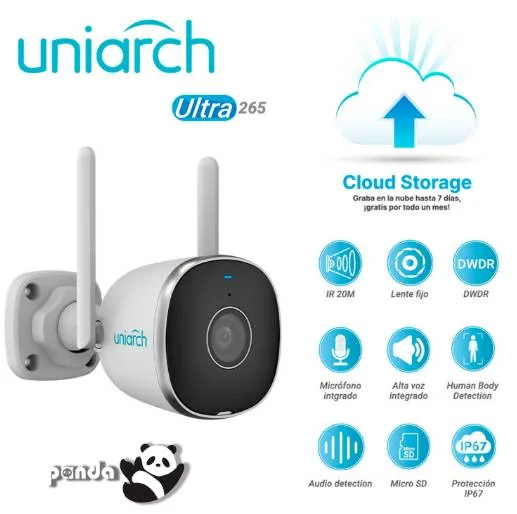 Cámara IP Bala Wifi Uniarch (Uho-B2R-M2F3) 2MP / Lente Fijo de 2.8mm / IR 20M / MicroSD 128GB / Micrófono + Altavoz / Human Body Detection / IP67 2 MP
