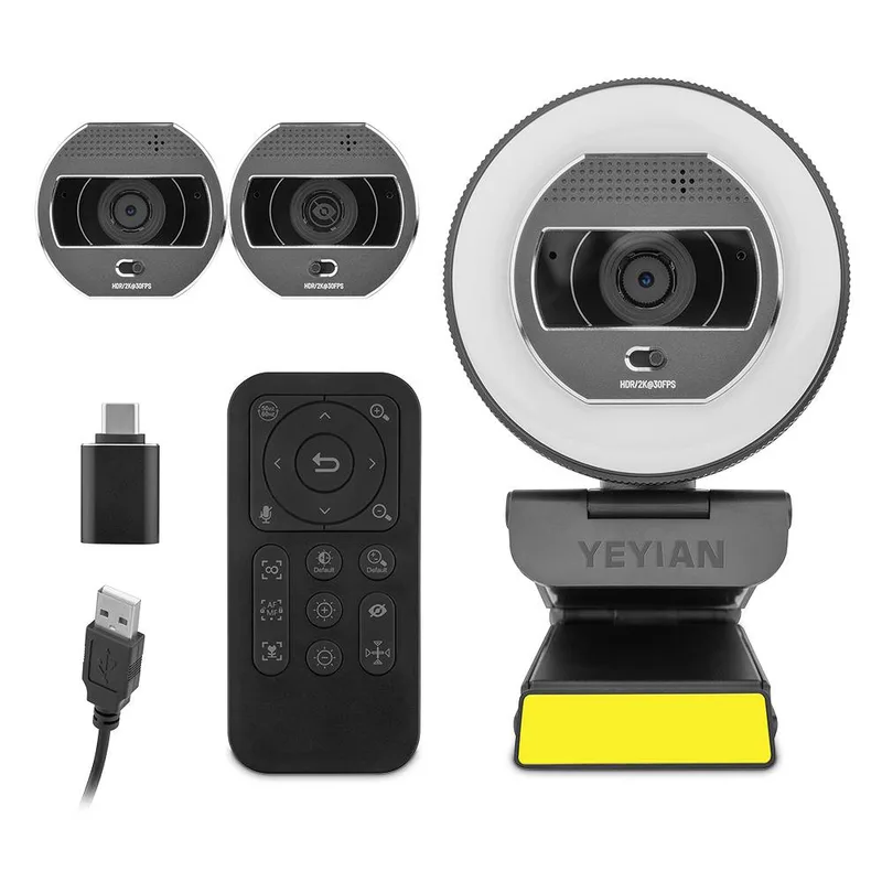 Yeyian Camara Flexcam para Streaming con Iluminacion Mixta Y Control Remoto - 2K 2560X1440P a 30 FPS, Cod H.264 Y 265, con Mic Mod. YPW-QHDAF-M1
