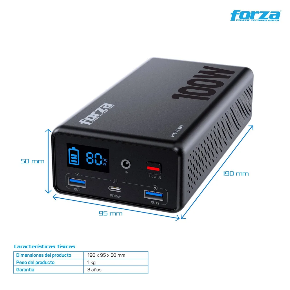 Central eléctrica portátil 100W - Toma 1CA, LFP - 110V FORZA Negro FPP-T100