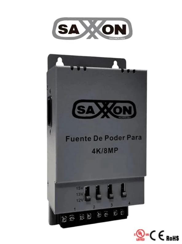 SAXXON ENERGIA PSU1205A-4K - Fuente de poder Regulable Metálica/ 4 Canales/ Voltaje de Ajuste 12V 13V o 15V cc/ Salida de Hasta 5 Amp en los 4 Canales