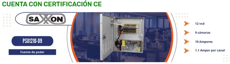 SAXXON PSU1210D9 - Fuente de Poder de 12 vcd/ 10 Amperes/ Para 9 Camaras/ 1.1 Amper por Canal/ Protección contra Sobrecargas/ Certificación UL