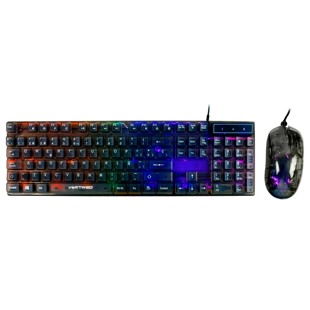 Kit Mouse y Teclado Gamer Alámbrico Transparente iluminación RGB Helumo | VORTRED 700 DPI V-930723