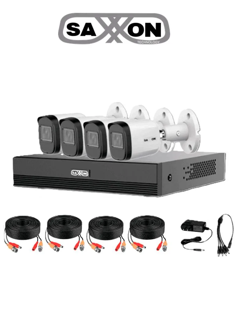 SAXXON SUA-KIT/XVR1E04-I/4-B20M-0280B-Kit de 4Canales HDCVI 1080P/4 Cámaras B20M de 2.8mm 100°/Dvr Soporta Hasta 5 Canales IP y Detección de Movimien