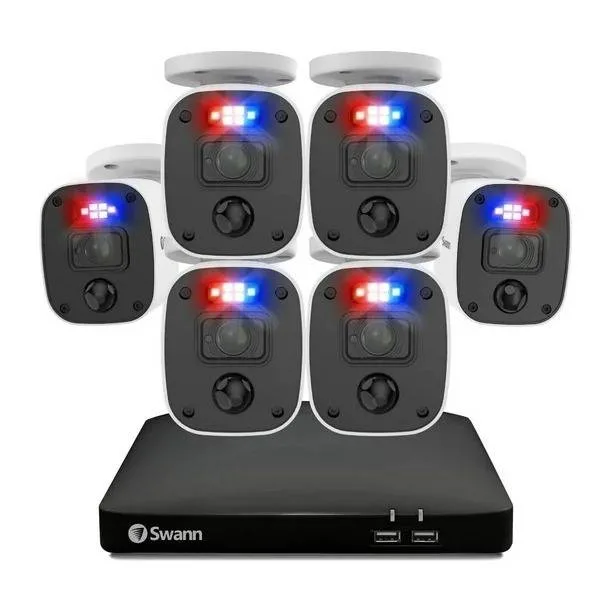 KIT DVR 6 CAMARAS DVR-4680 SWANN Sistema de seguridad 8 Canales - 6 Camaras con audio, Luces intermitentes rojo y azul, Sensor de Luz Negro