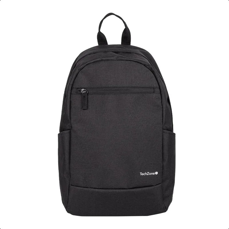 Backpack Basic Black TechZone TZLBP15 15.6 pulgadas - color negro, 2 bolsos laterales y 1 frontal, tirante acojinado. GARANTIA LIMITADA DE POR VIDA