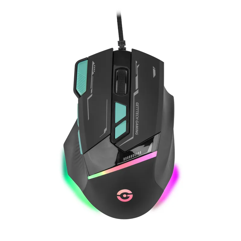 Getttech Mouse Gamer - Sensor 725F, Iluminacion RGB Personalizable, Hasta 7200 Dpi, Color Negro Y Azul, Mod. GPM-RGBWR-G1-BK