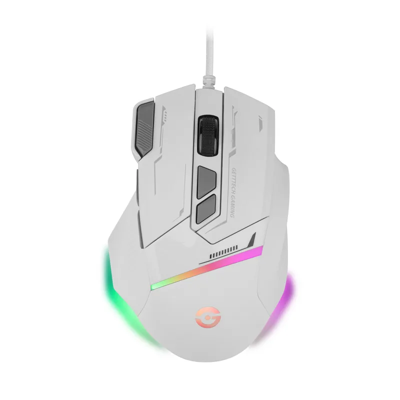 Getttech Mouse Gamer - Sensor 725F, Iluminacion RGB Personalizable, Hasta 7200 Dpi, Color Blanco Ygris, Mod. GPM-RGBWR-G1-WH