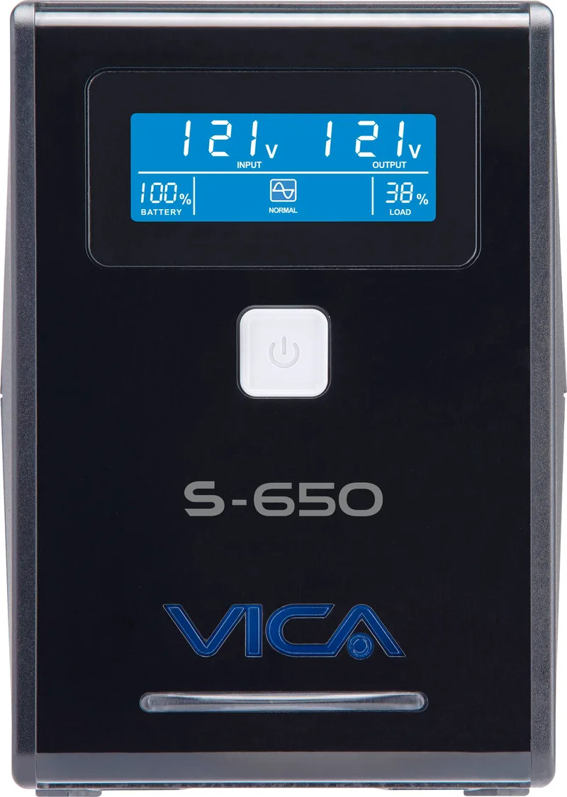 No break interactivo S650 - 650VA/360W, entrada 127VCA 60 Hz, salida 120VCA, 4 tomas reguladas/4 reguladas y respaldadas, pantalla LCD, breaker