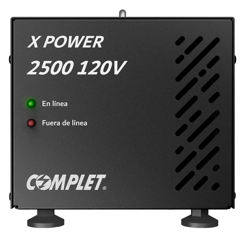 Regulador de Voltaje COMPLET X-POWER 2500 VA/2500 W 120V . Terminales de conexión y 2 contactos NEMA 5-15R - Supresor de picos de voltaje 504 J, P/N