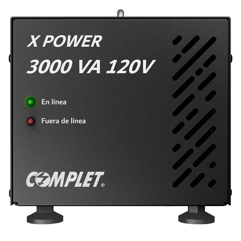 Regulador de Voltaje COMPLET X-POWER 3000 VA/3000 W 120V . Terminales de conexión y 2 contactos NEMA 5-15R - Supresor de picos de voltaje 504 J, P/N