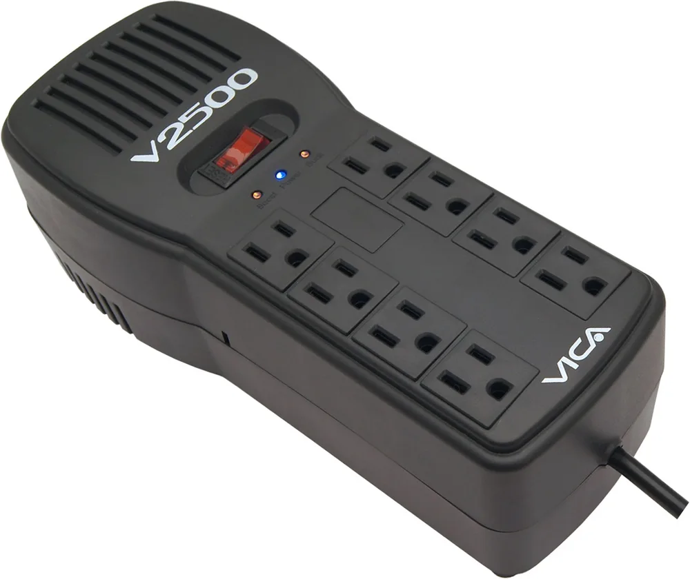Regulador VICA V2500 2500VA/1500W - Voltaje 120VCA /60Hz, breaker térmico, 8 tomas protegidas, indicadores LED, puertos RJ11/RJ45, empotrable en