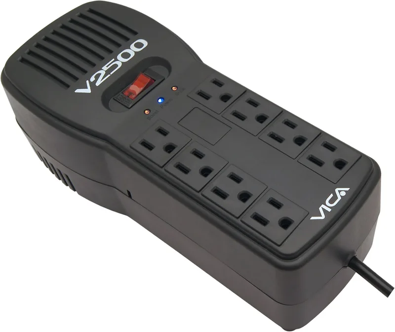 Regulador VICA V2500 2500VA/1500W - Voltaje 120VCA /60Hz, breaker térmico, 8 tomas protegidas, indicadores LED, puertos RJ11/RJ45, empotrable en