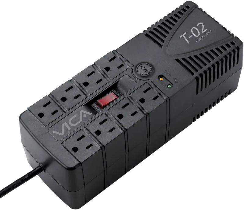 Regulador VICA T-02 1200VA/700W - Voltaje 120VCA /60Hz, breaker térmico, 8 tomas protegidas, indicadores LED, puerto RJ11, empotrable en pared 1200 VA
