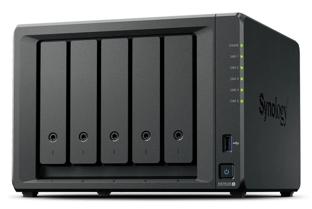 Synology NAS DiskStation modelo DS1525+ Expansión hasta 15 Bahías 2 Puertos 2.5GbE soporte 10GbE almacenamiento en Caché SSD hasta 300 TB de