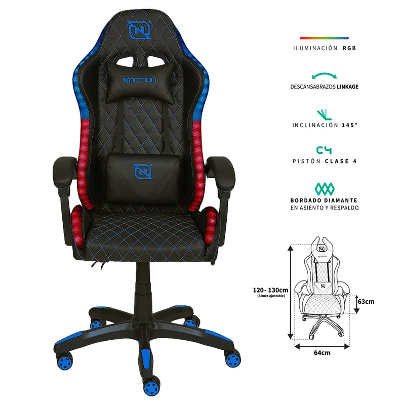 Silla Gamer RGB Inclinacion Respaldo 145 Clase 4 140-150KG NSG-RGB1 Foam 350MM 63CM*64CM*121-131CM Cojin Lumbar Y Cabeza Negro/azul NECNON NSG-RGB-1