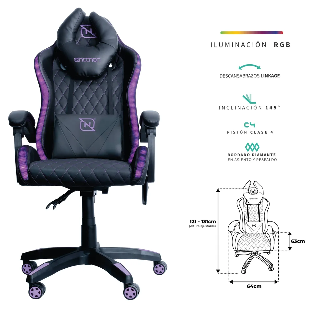 Silla Gamer RGB Inclinacion Respaldo 145 Clase 4 140-150KG NSG-RGB1 Foam 350MM 63CM*64CM*121-131CM Cojin Lumbar Y Cabeza Negro/rosa NECNON NSG-RGB-1