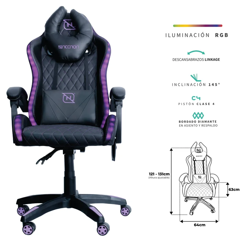 Silla Gamer RGB Inclinacion Respaldo 145 Clase 4 140-150KG NSG-RGB1 Foam 350MM 63CM*64CM*121-131CM Cojin Lumbar Y Cabeza Negro/rosa NECNON NSG-RGB-1