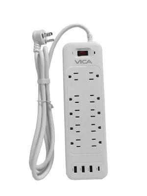 Centro de carga 9P VICA para protección contra sobretensiónes - 10 NEMA 5-15R con supresor de picos, 3 puertos USB-A y 1 USB-C. -Montaje pared Blanco