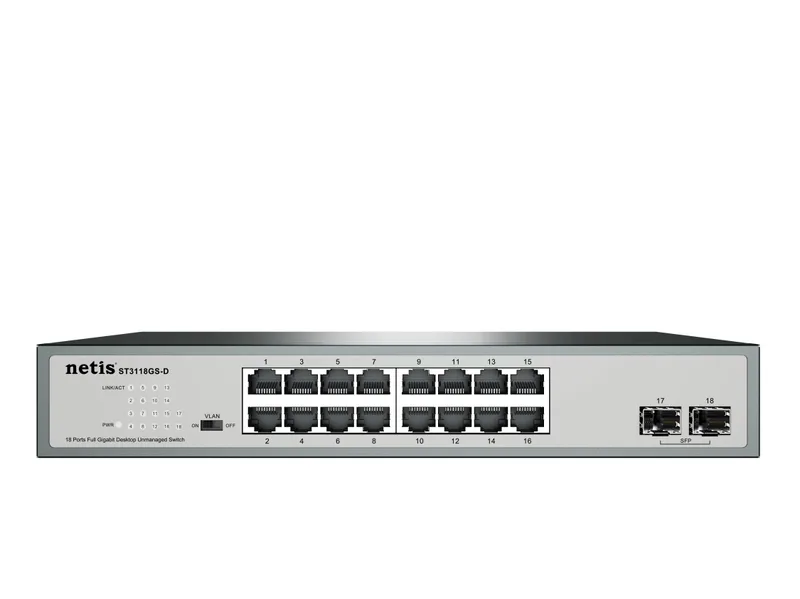 Switch NETIS modelo ST3118GS-D - 16 Puertos y 2 Puertos SFP Gigabit, montable en rack, No administrable Gris