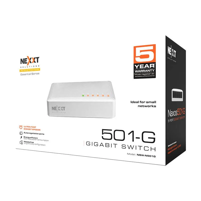 Switch Nexxt Essential de 5 puertos Gigabit - 1 Gbps, 110/220 V NSW-N501G Blanco NW235NXT01