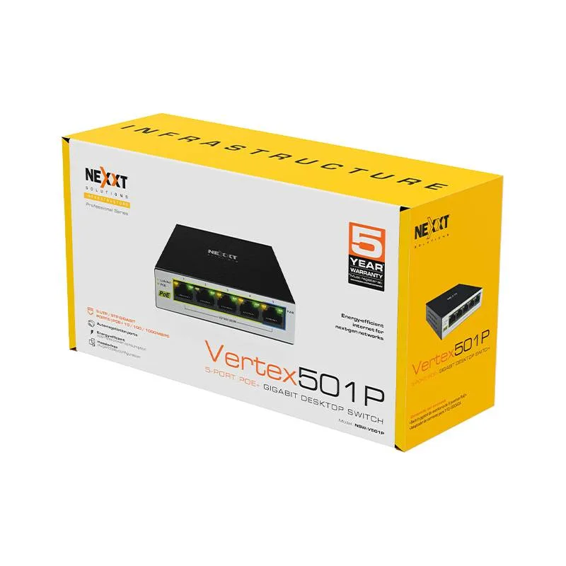 Switch Nexxt Professional PoE+ Gigabit de 5 puertos - 10/100/1000, 65 W máx NSW-V501P Negro NW235NXT02