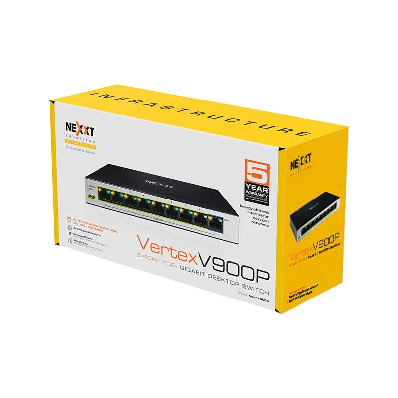 Switch Nexxt Professional PoE+ Gigabit de 9 puertos - 10/100/1000, 60 W máx NSW-V900P Blanco NW235NXT04